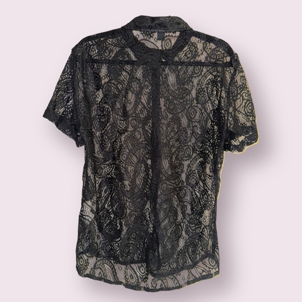 SHEIN Manfinity Black Lace Sheer Button Up Shirt Short Sleeve Size S NWT